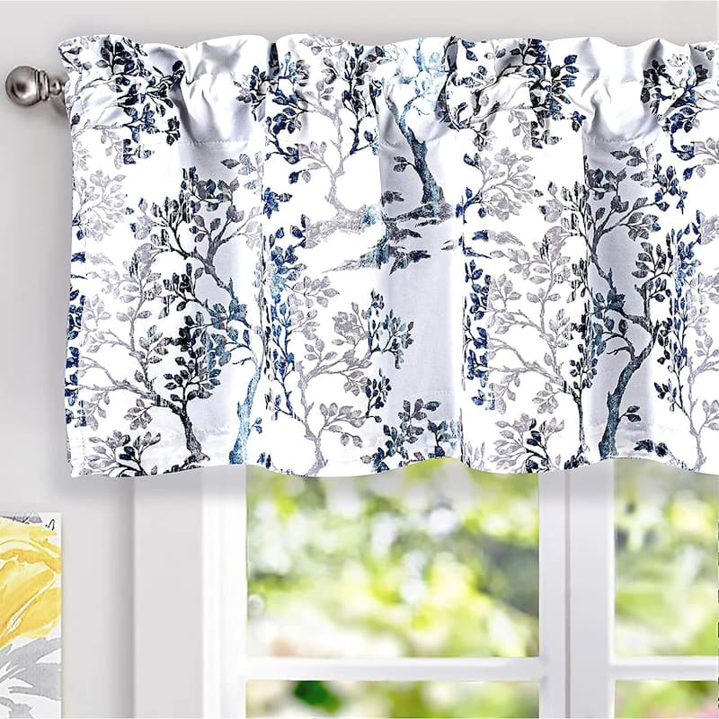 DriftAway Carol Tree Branches Leaf Botanical Print Blackout Thermal Insulated Window Curtain Valance Rod Pocket - 52 x 18 - Navy White