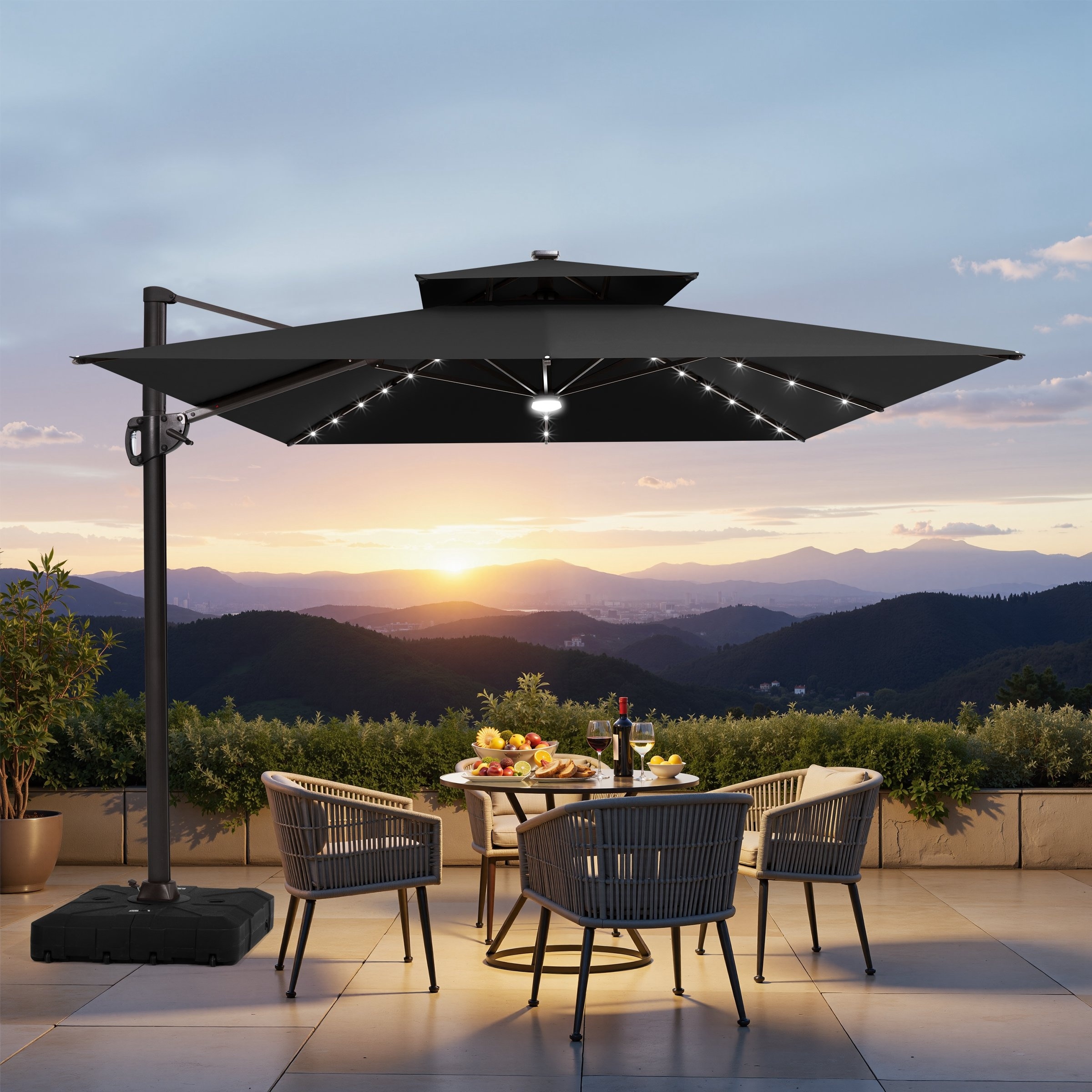 9 x11 FT LED Lighted Cantilever Patio Umbrella Double Top Rectangle with Base
