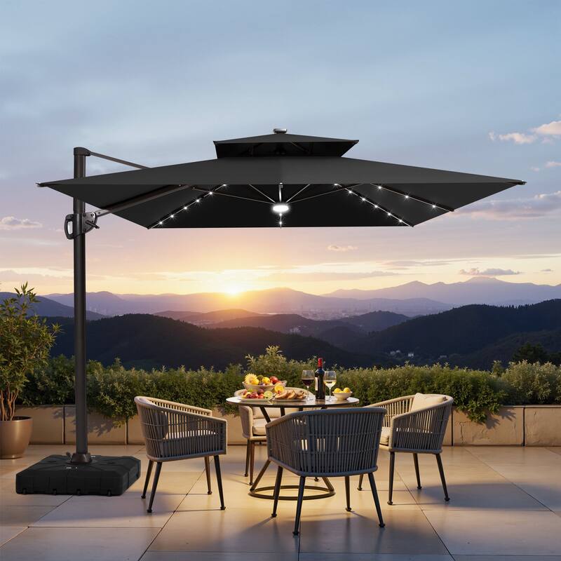 9 x11 FT LED Lighted Cantilever Patio Umbrella Double Top Rectangle with Base - Black