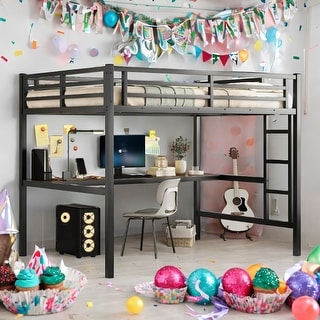 Space-Saving Metal Full Loft Bed with Desk,Power Outlet and LED Lighted