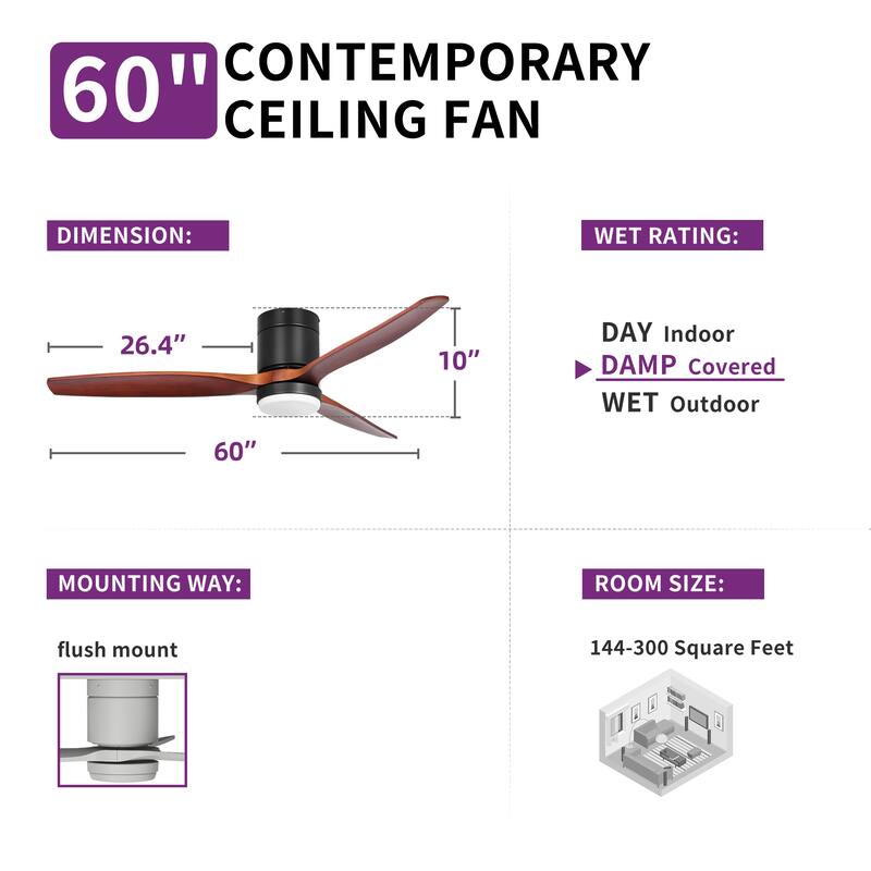 52 Inch Low Profile Ceiling Fan with Lights Remote and Wall Control