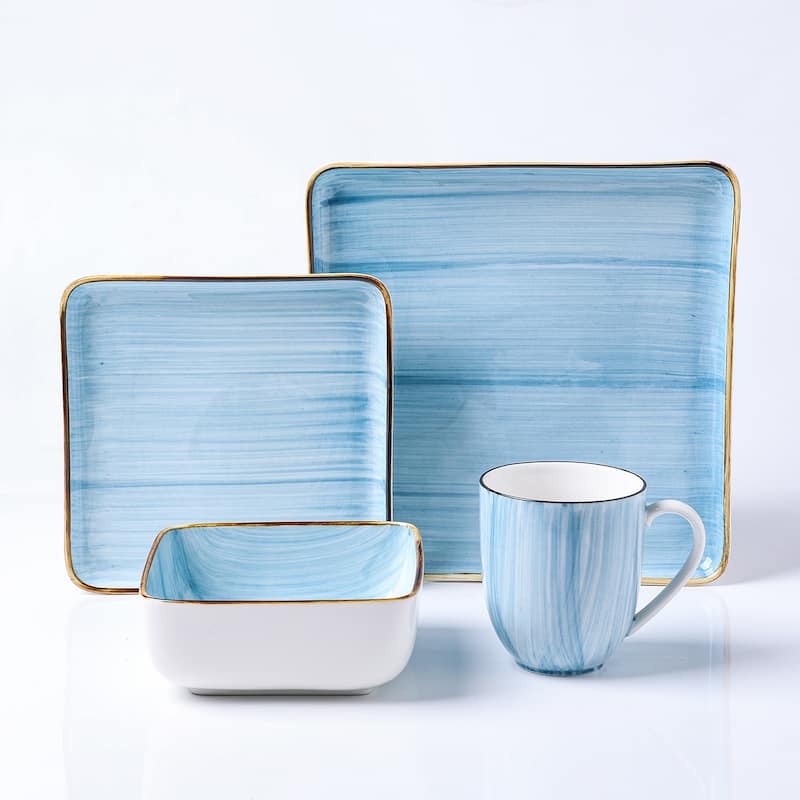 Stone Lain Brushed Porcelain Square Dinnerware Set - Blue - 32 Piece