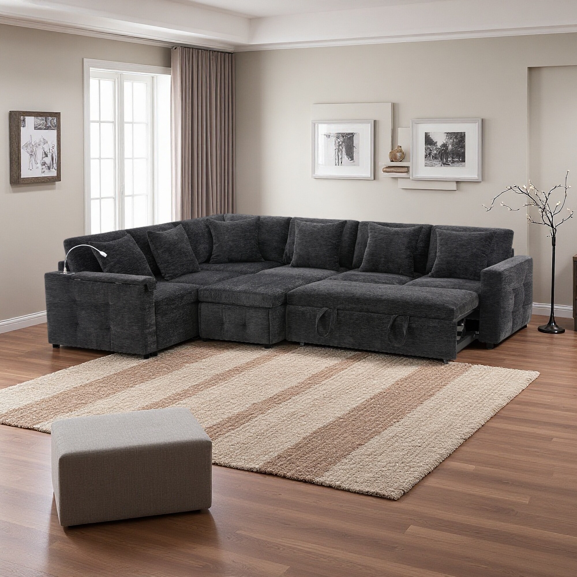 117" Chenille Modular Sectional Sofa Bed with Flip-up Table, Reading Lamp and Charging Ports