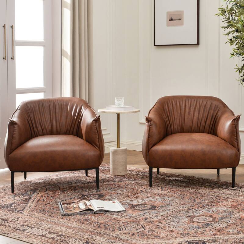 KINWELL 33" Wide Faux Vegan Leather Upholstery Barrel Accent Chair