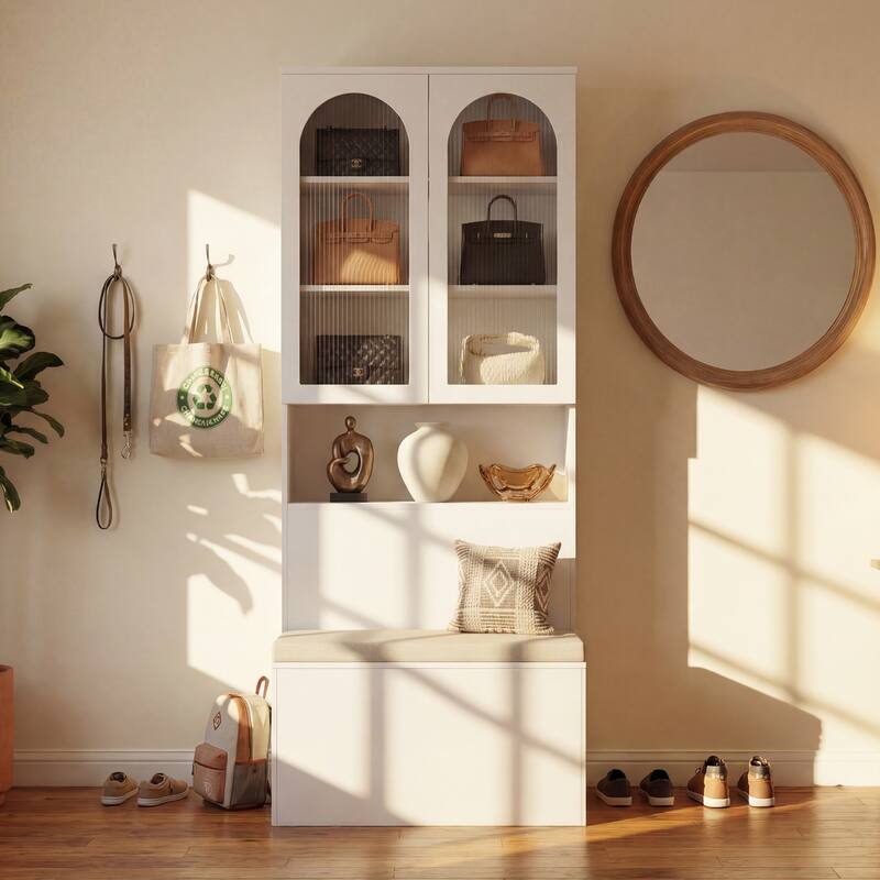 Entryway Cabinet Tempered Glass DoorsStorage Bench with Cushion, Modern Mudroom Hall Tree Organizer with Hidden Storage - 31.5"W