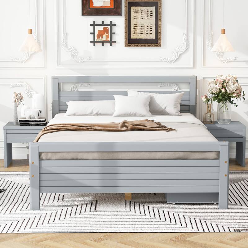 Wooden Platform Bed with Two Storage Drawers - Grey-83.1''L*56.5''W*33.1''H