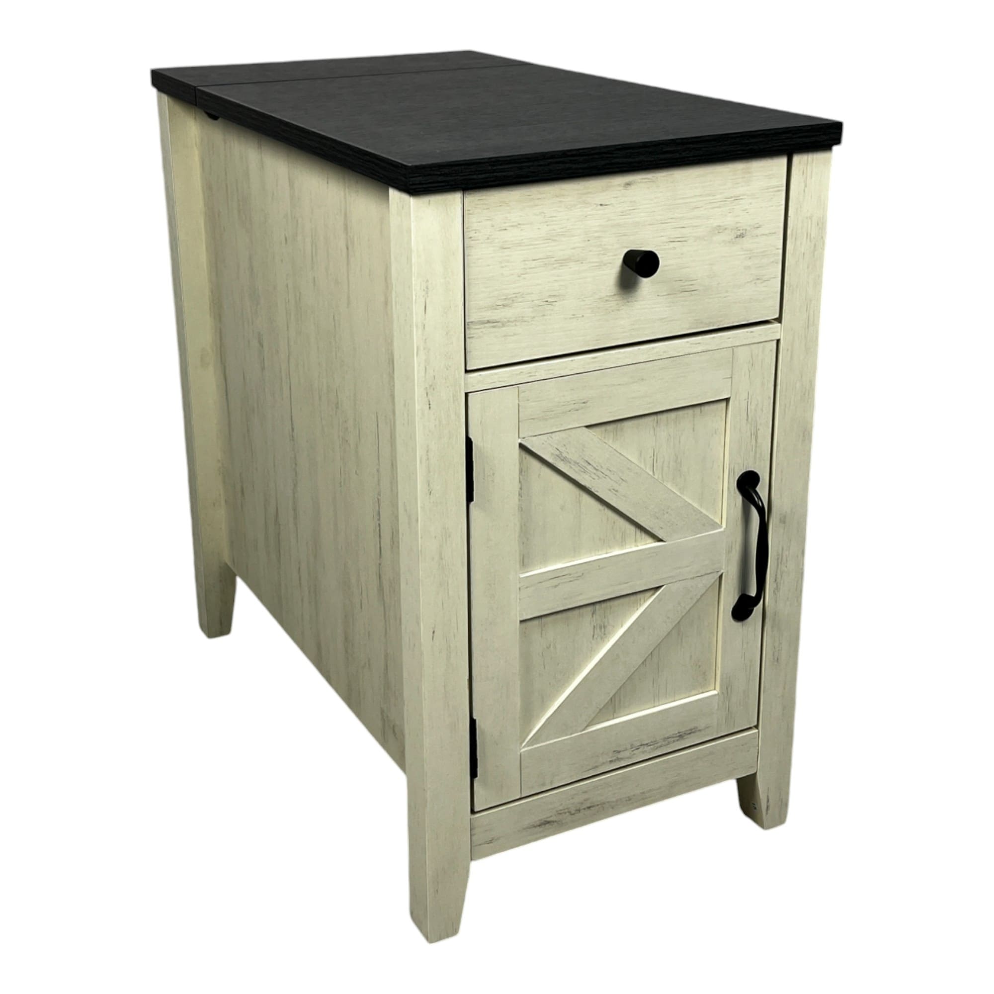 Farmhouse Chic End Table Nightstand with 2 AC and USB AC Charging, Drawer and Barn Door Cabinet for Living Room or Bedroom