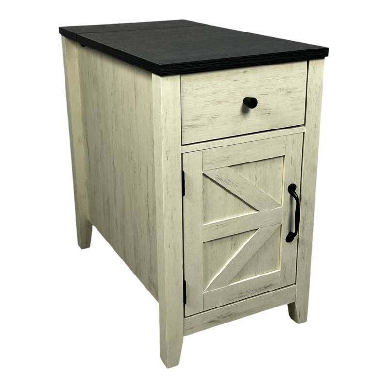Farmhouse Night Stand with Charging Station, Barn Door, and Drawer for Bedroom or Living Room - White+Black