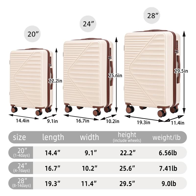 3 PCS in ABS Spinner Wheel Luggage, TSA Combination Lock for Big and Middle Size