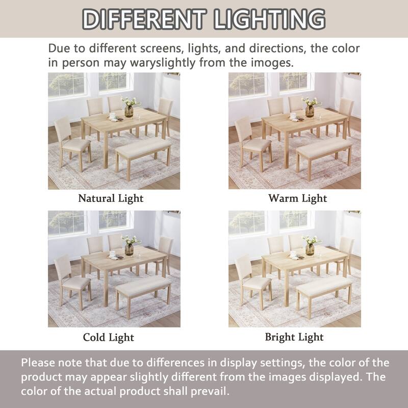 6-Piece Solid Wood Dining Table Set, Including 1 Dining Table, 4 Chairs & 1 Bench, Kitchen Dining Table & Chair Set for 6