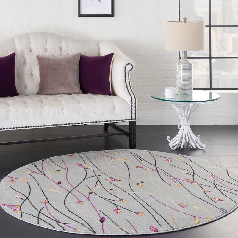 Nourison Grafix Floral Botanical Transitional Area Rug - 5'3" Round - Grey