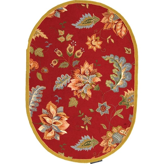 SAFAVIEH Handmade Chelsea Klavdia French Country Floral Wool Area - 4'6" x 6'6" Oval - Red - Runner/Oval