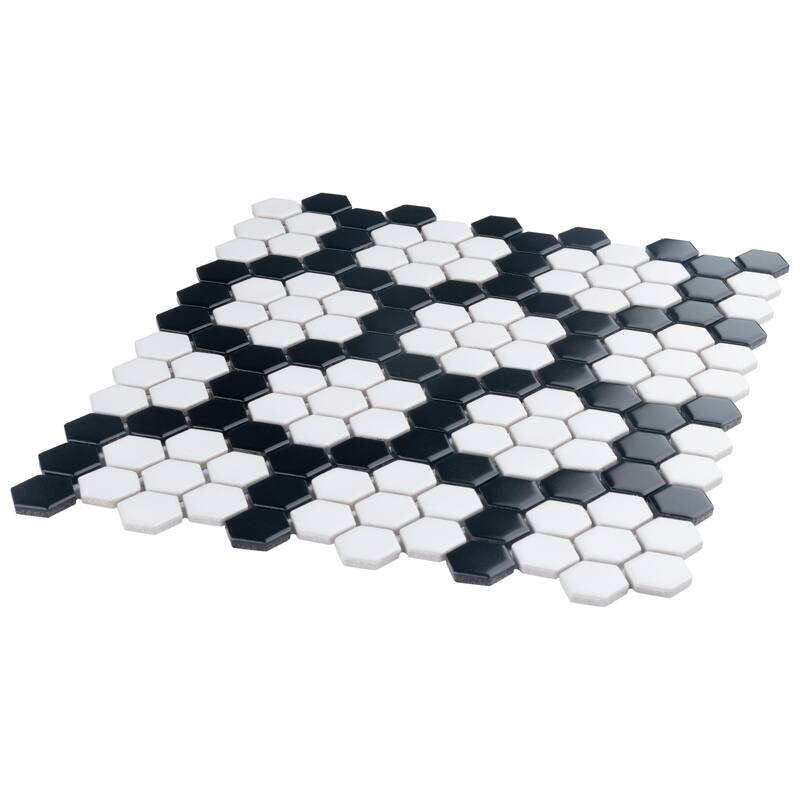 Merola Tile Metro 1" Hex Matte White w/Black Honeycomb 10-1/4" x 11-7/8" Porcelain Mosaic Floor and Wall Tile
