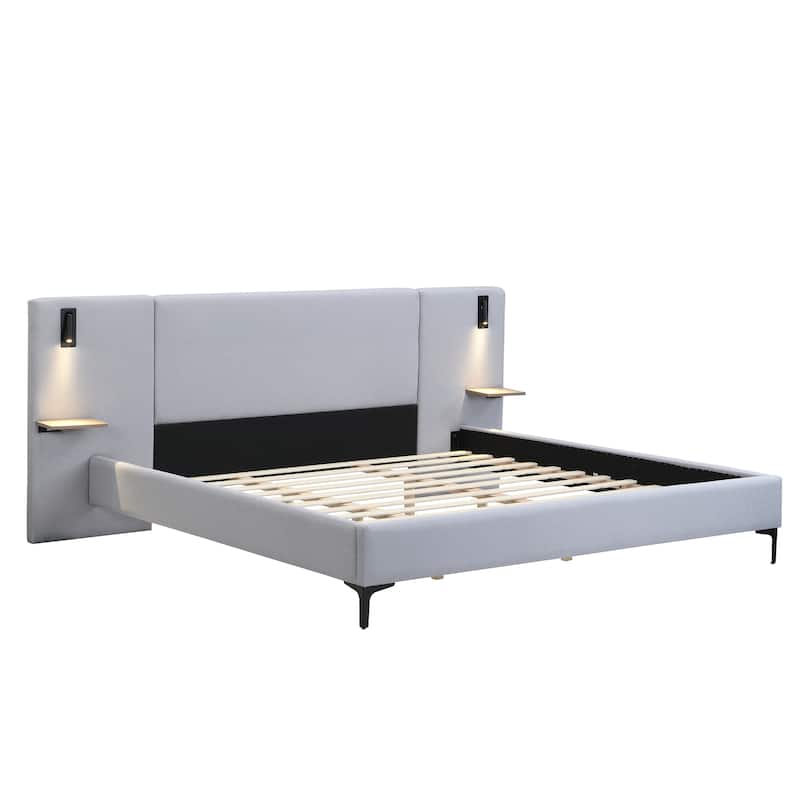 Chic Linen Upholstered Bed with Integrated Lights and Shelves