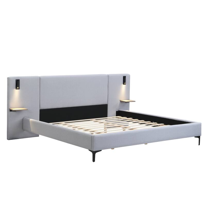 Roomfitters Linen Upholstered Bed with Integrated Lights and Shelves, Gray
