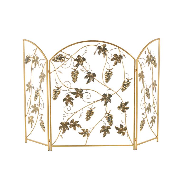 Gold Metal Foldable 3 Panel Fruit Living Room Fireplace Screen with Leaf Accents