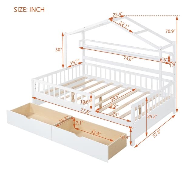 dimension image slide 1 of 3, Full Pine House Bed with Roof, Drawers, and Shelf