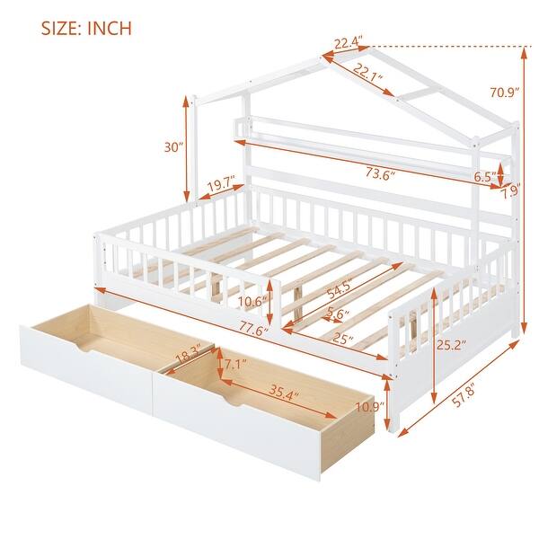 dimension image slide 2 of 3, Wooden Full Size House Bed with 2 Drawers,Kids Bed with Storage Shelf, Gray