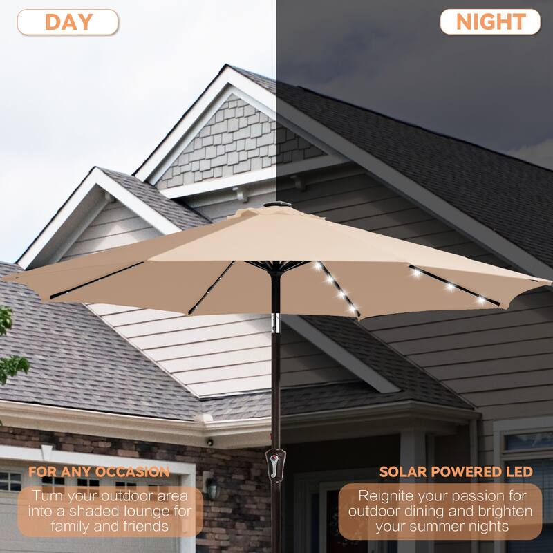 9ft Patio Market Umbrella with LED Lights,Crank & Tilt