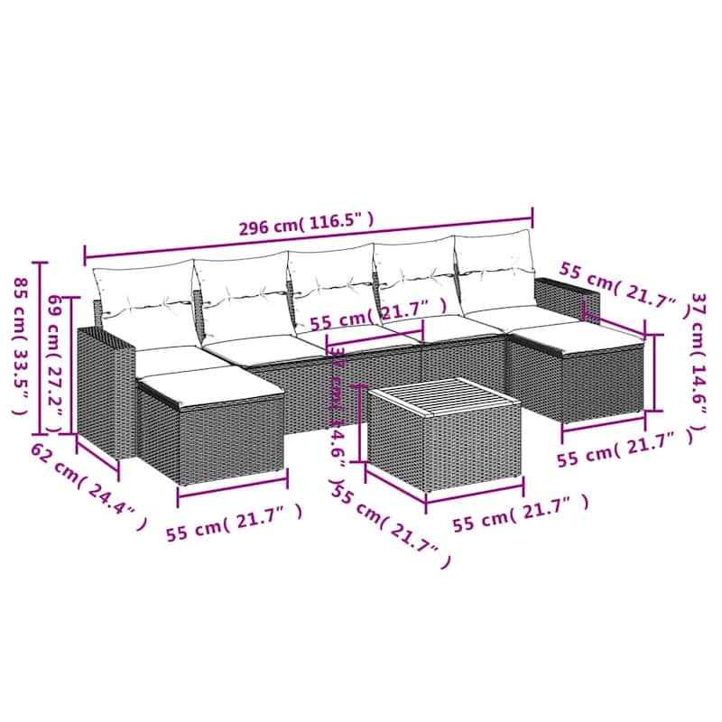 vidaXL 8 Piece Patio Sofa Set with Cushions Black Poly Rattan - 21.7" x 24.4" x 27.2"