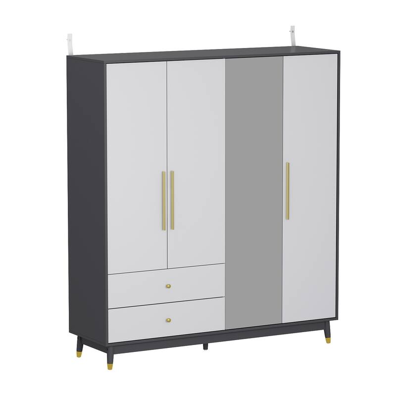 Wooden 2 Drawers 4 Doors Wardrobe Armoire With Mirror (Gray/Black)