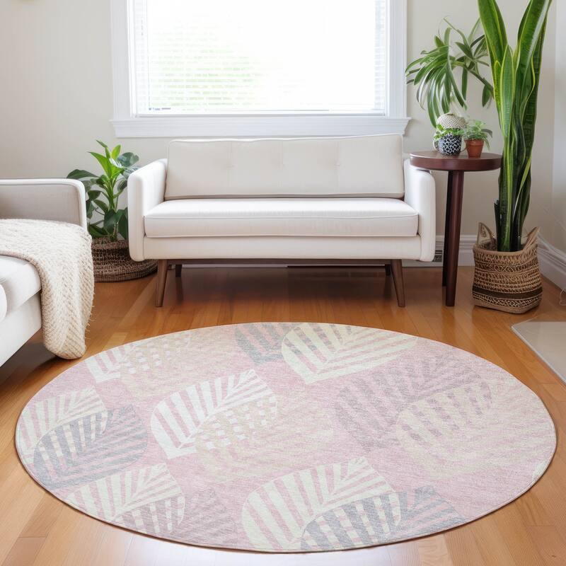 Premium Washable Super Soft Farmhouse Leaves Mayfield Rug - Pink - 8' x 8' - Round