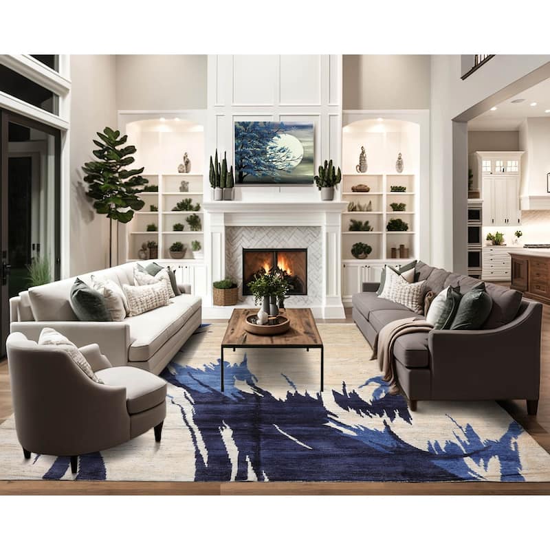 Hand Knotted Beige,Ivory Tibetan Bamboo Silk Modern Oriental Area Rug - 10' 1'' x 14'