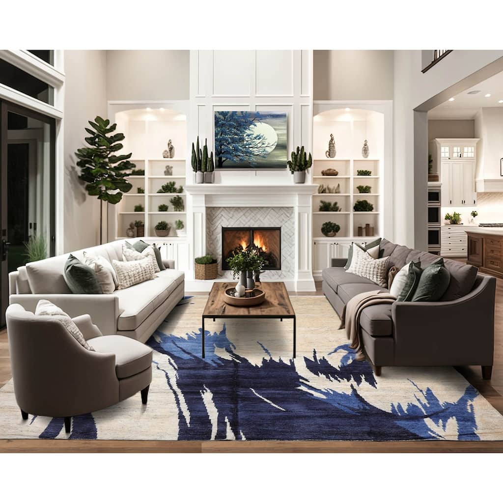 Hand Knotted Beige,Ivory Tibetan Bamboo Silk Modern Oriental Area Rug - 10' 1'' x 14'