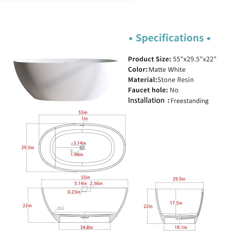 Premium Solid Surface Freestanding Soaking Bathtub with Center Drain and Pop-up Drain, Modern Matte White Tub with Overflow
