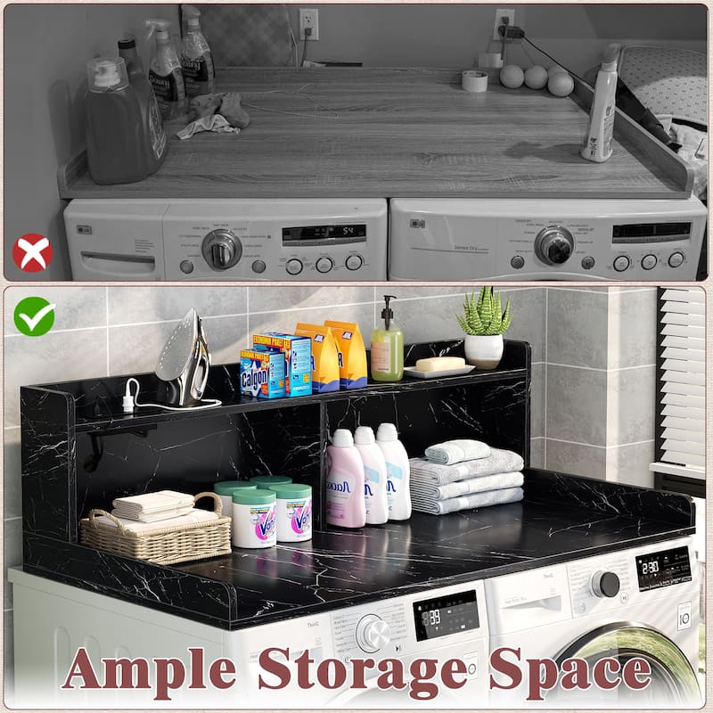 54" x 27.4" Laundry Countertop for Washer and Dryer with Non-Slip Pads，LED Lights，Power Outlets