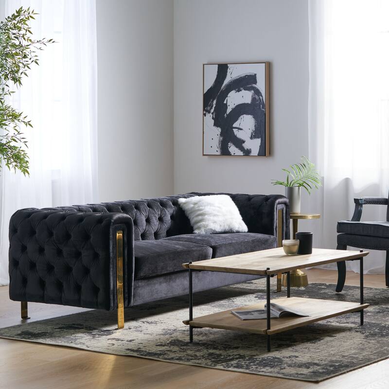 Modern 83.75" Velvet Button Tufted 3-seater Sofa with Iron Legs for Living Room