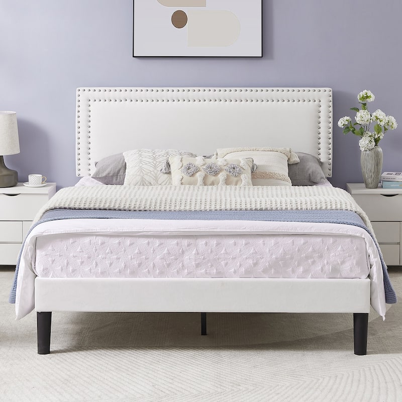 VECELO Upholstered Bed Frames with Height Adjustable Headboard - White - Queen