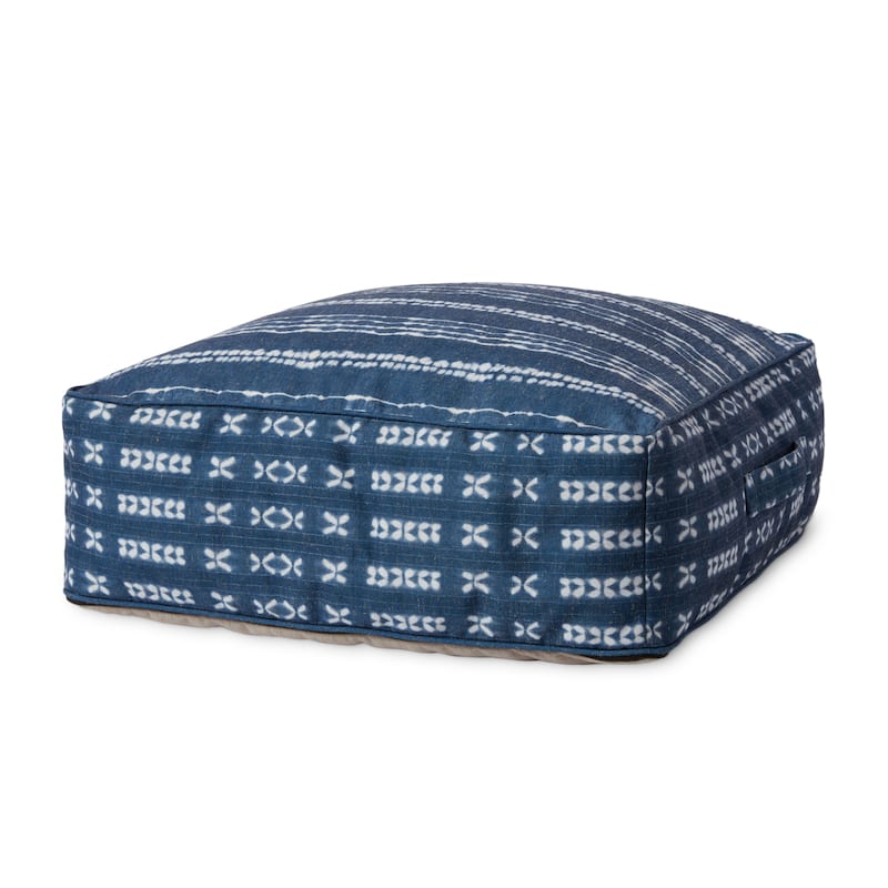 Alexander Home Indigo Coastal Linen Pouf - 24"W x 24"D x 8"H