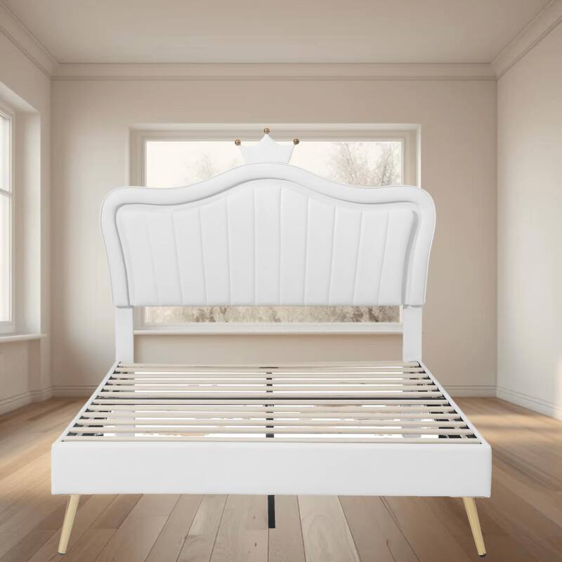Princess Full Size Upholstered Platform Bed with Crown Headboard and LED Lights, Adjustable Design for a Romantic Bedroom Vibe - White - Full