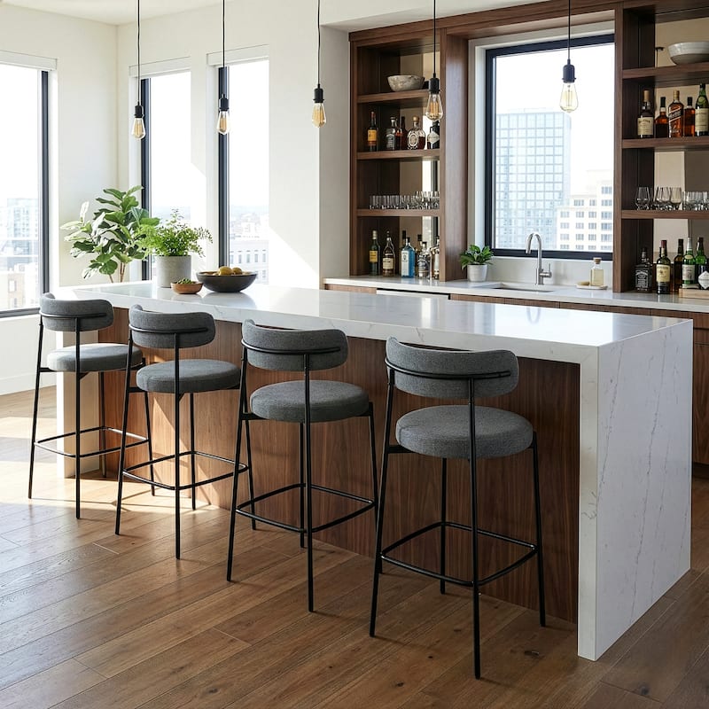 Set of 2 Awen Gray Boucle Bar Stool with Black Legs