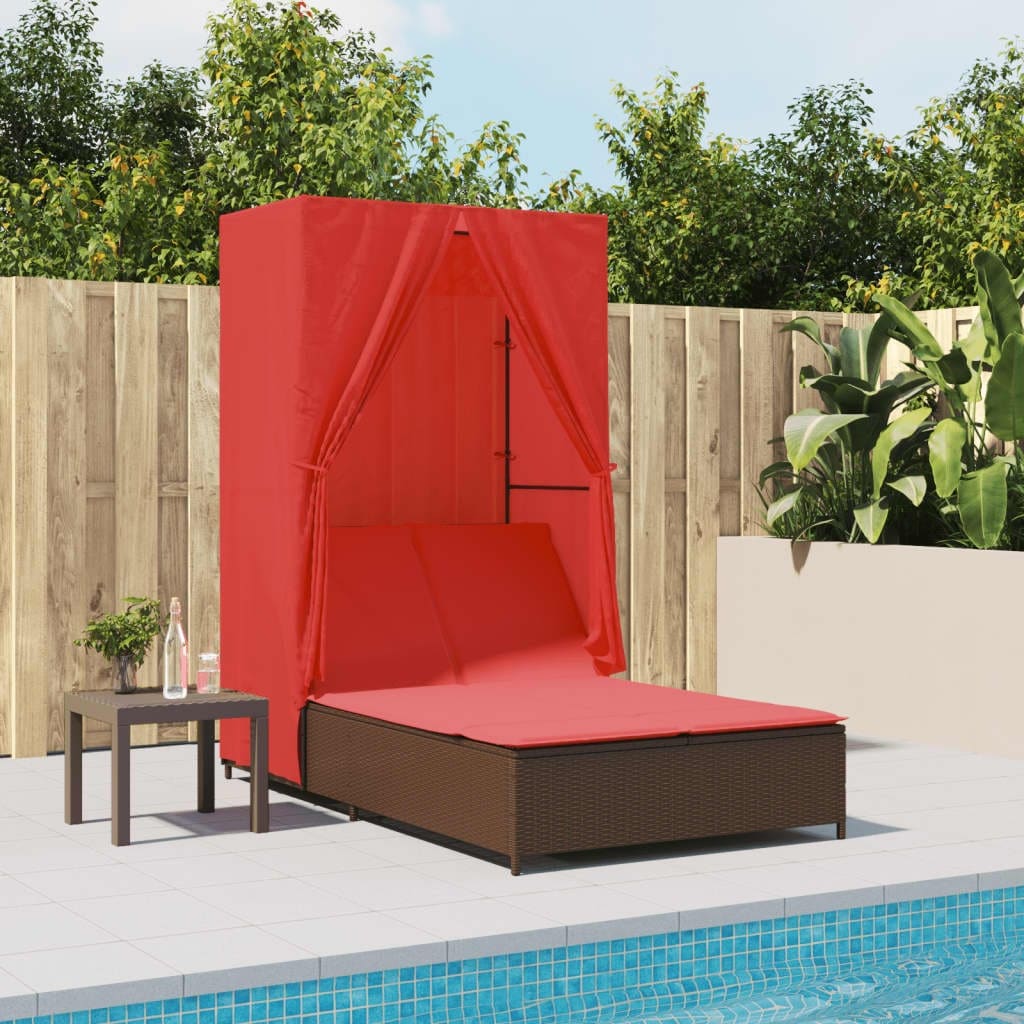 vidaXL Double Sun Lounger with Roof and Curtains Poly Rattan Brown/Gray/Black - 40.9" x 77.6" x 76"