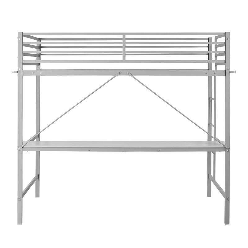 Sturdy Metal Loft Bed Frame with Desk and Safety Rails