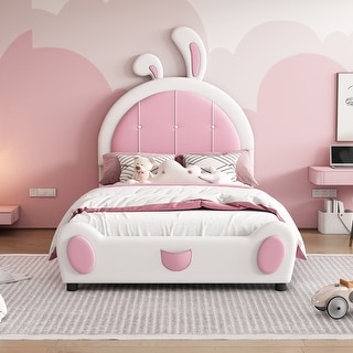 Twin Size Upholstered Platform Bed with Rabbit Shaped Headboard, Pine Wooden Bed with Support Slat for Bedroom, White