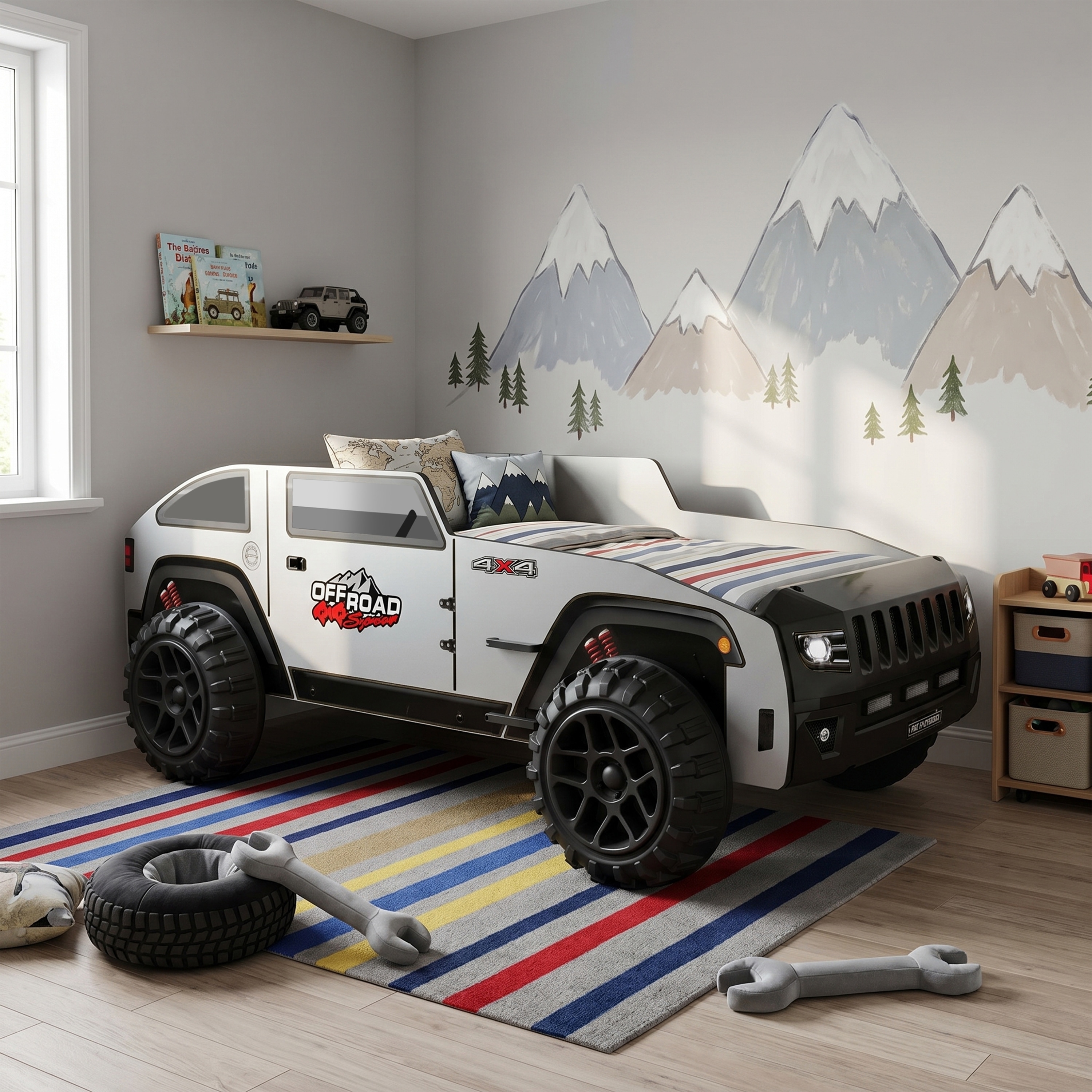 Furniture of America Keanu Modern White Twin Off-Road Style Platform Bed with LED Headlights