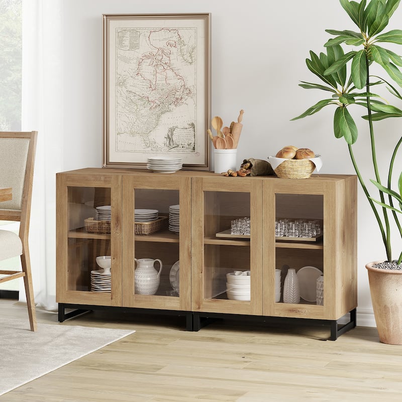 WAMPAT Multifunctional Sideboard Buffet Cabinets with Glass Doors, Modern Sideboard with Adjustable Shelf, Coffee Bar Cabinet - 2PCS - Oak