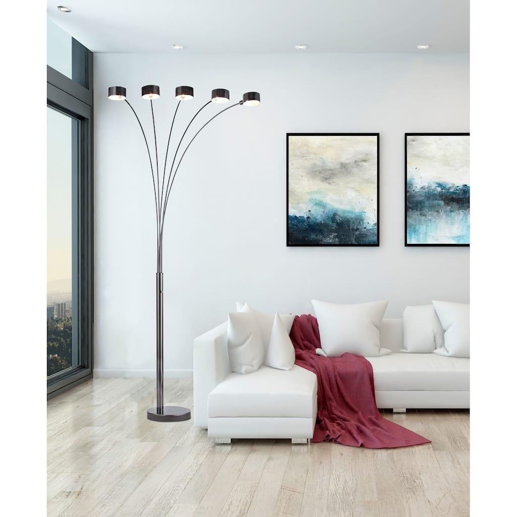 Micah Pro Brushed Black Steel LED 5-Arched Floor Lamp w/ Dimmer,5000K