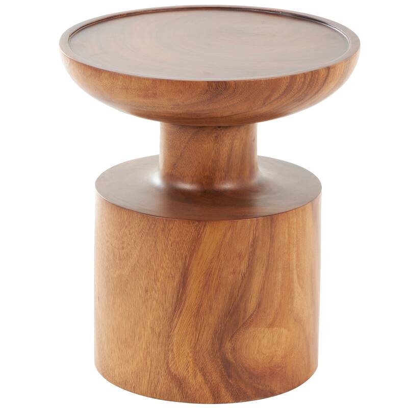 Brown Wood Handmade Side End Accent Table with Cylinder Block Base