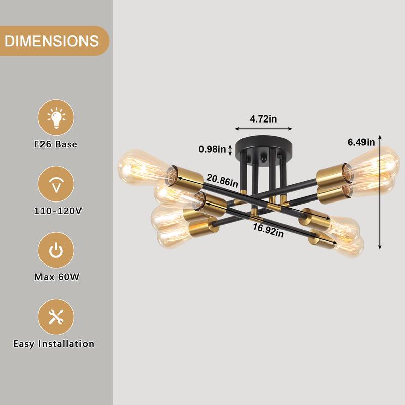 8-Light Industrial Semi Flush Mount Ceiling Light for Kitchen Dining Room Living Room - Black+Gold - N/A