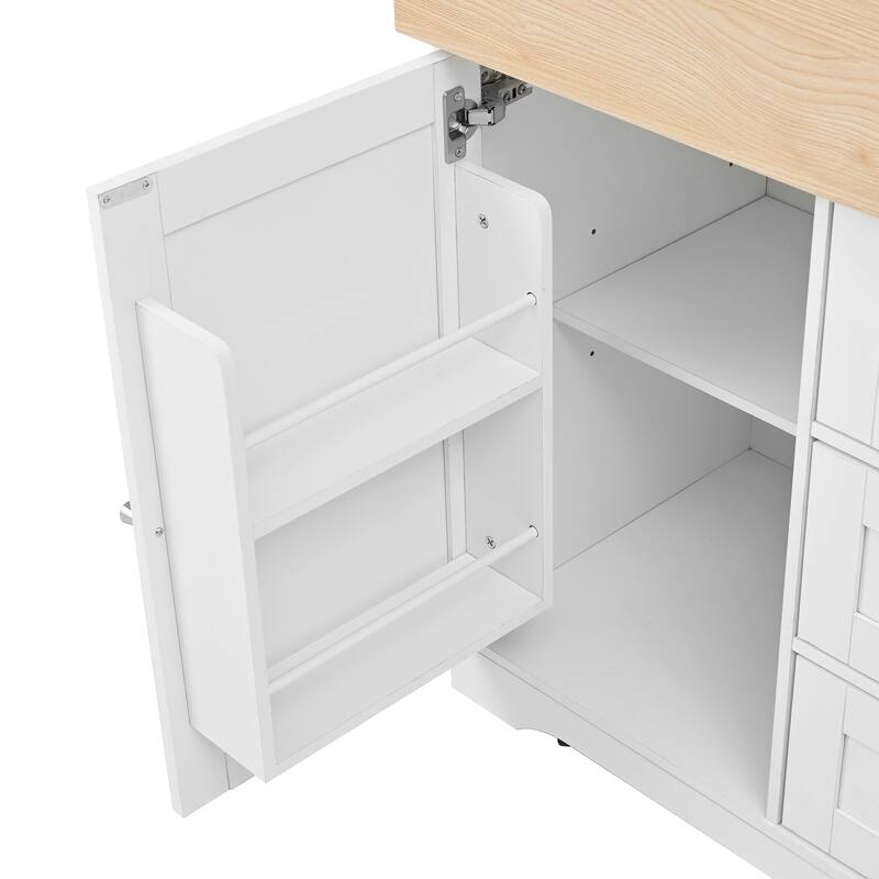 Multifunctional Extendable Kitchen Island Cart with US Standard Outlet, 5 Wheels Mobile Kitchen Storage Cabinet