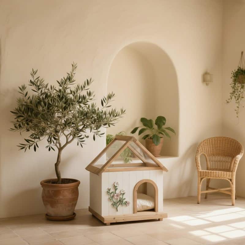 Transparent Roof Pet House with Floral Carving FSC-Certified Cedar Indoor Shelter for Cats - White,Wood