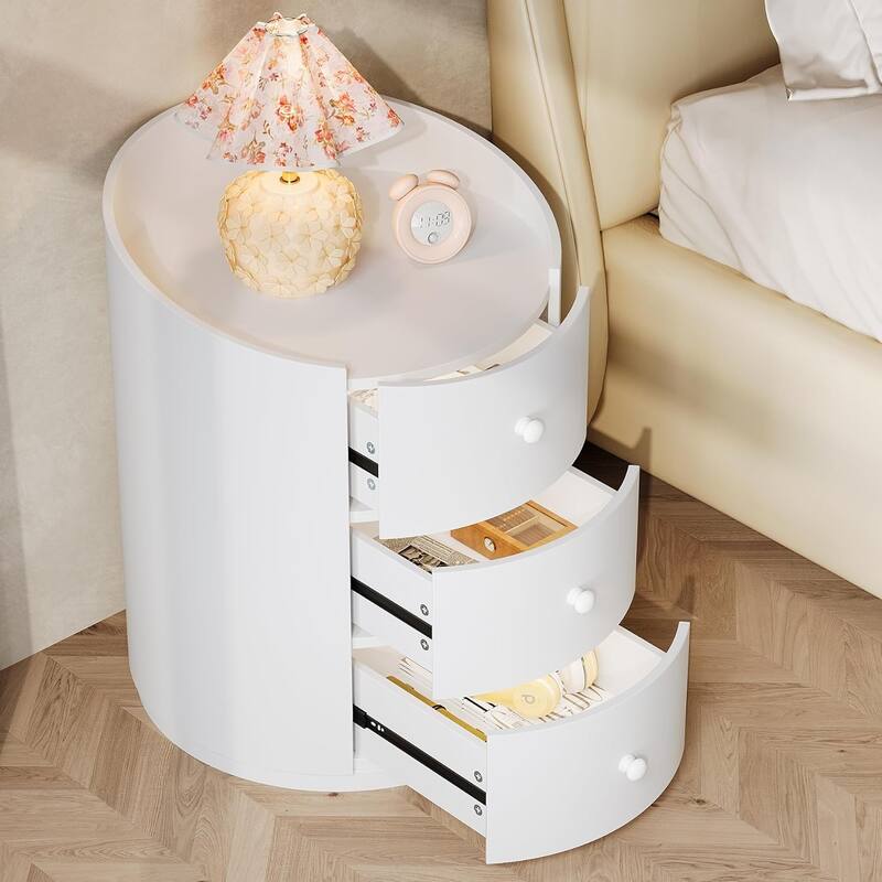 White Round Nightstand with 3 Drawers, Modern Wood Fully Assembled End Sofa Side Table - White