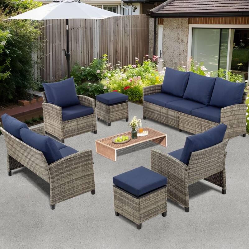 6pcs Wicker Patio Conversation Set Seating Loveseat Sofa with Ottomans