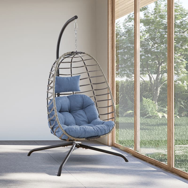 Outdoor Foldable PE Wicker Hanging Egg Chair with Cushion - Grey