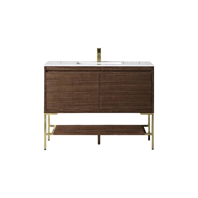 James Martin Vanities Mantova 47.3" Single Vanity Cabinet, Mid-Century Walnut - Champagne Brass Base, Glossy White Top