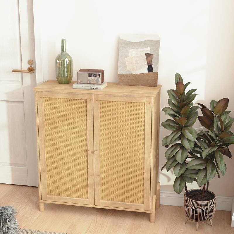 Mid-Century Inspired Storage Unit Featuring Woven Rattan Doors And Customizable Shelving, Designed For Versatile.